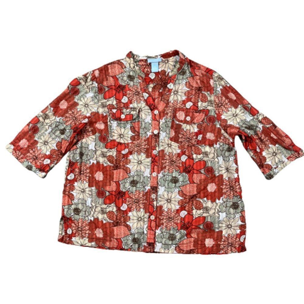 Liz & Me floral button front shirt blouse size 1X Colorful tropical boho 70s